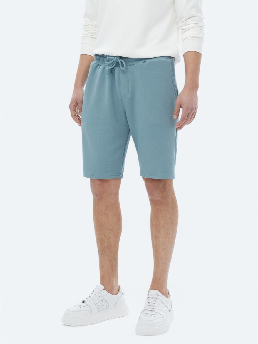 Mavi Düz Örme Jogging Fit Casual Bermuda - 4