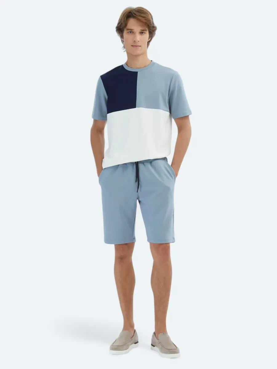 Mavi Düz Örme Jogging Fit Spor Bermuda - 1