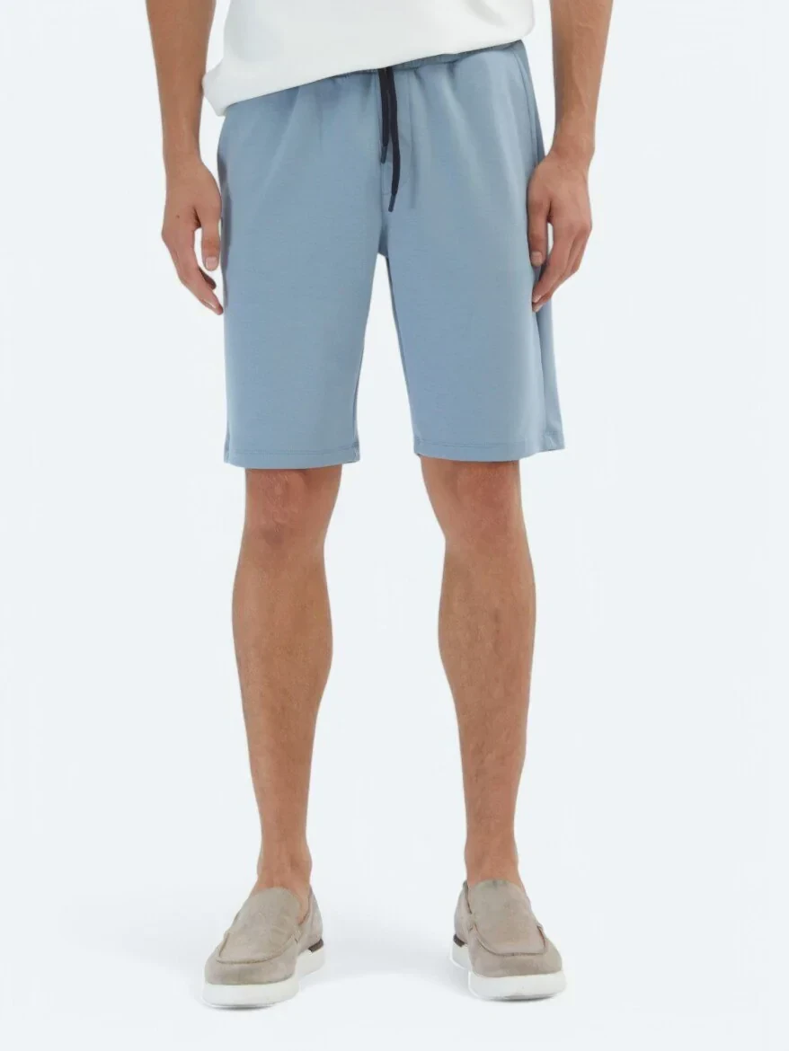 Mavi Düz Örme Jogging Fit Spor Bermuda - 2