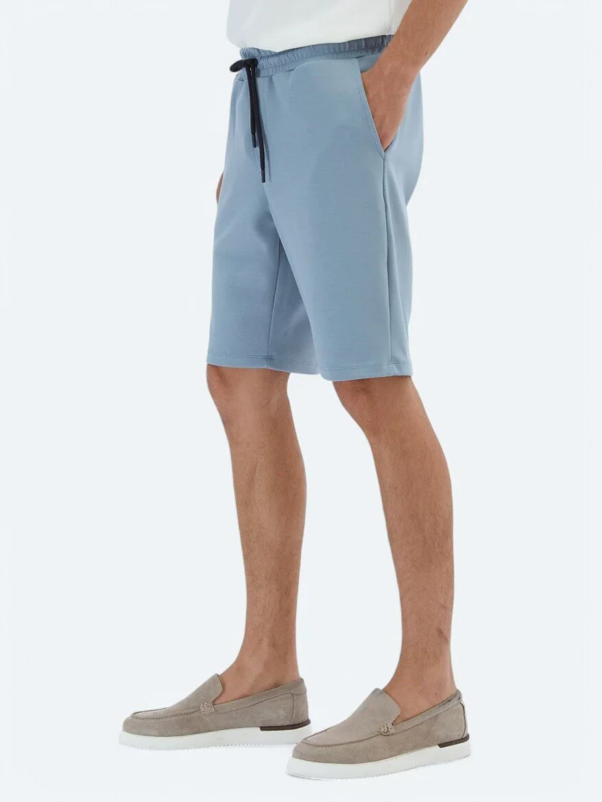 Mavi Düz Örme Jogging Fit Spor Bermuda - 3