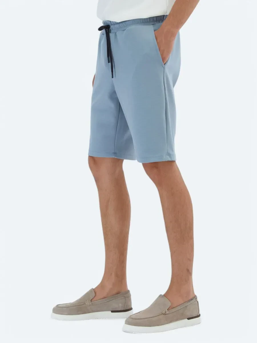 Mavi Düz Örme Jogging Fit Spor Bermuda - 3