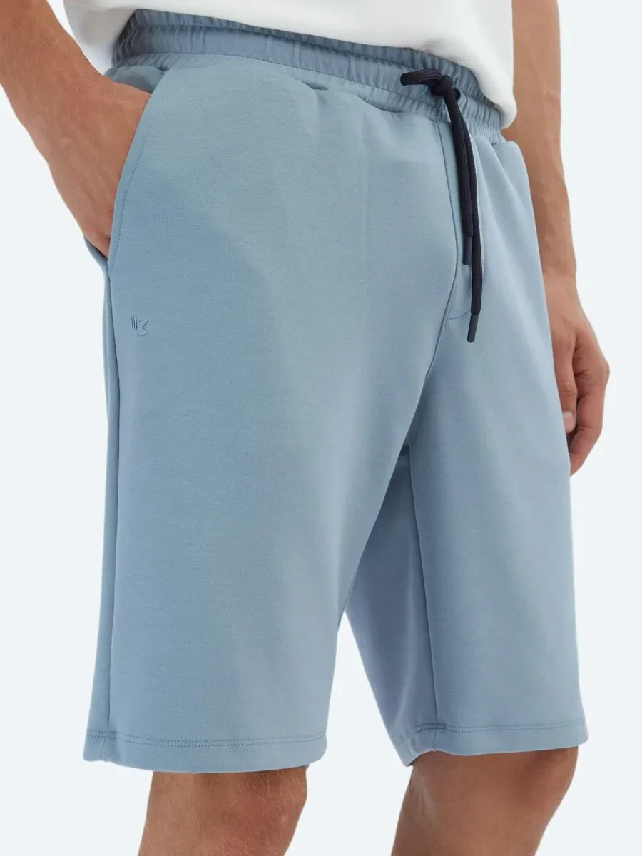 Mavi Düz Örme Jogging Fit Spor Bermuda - 4