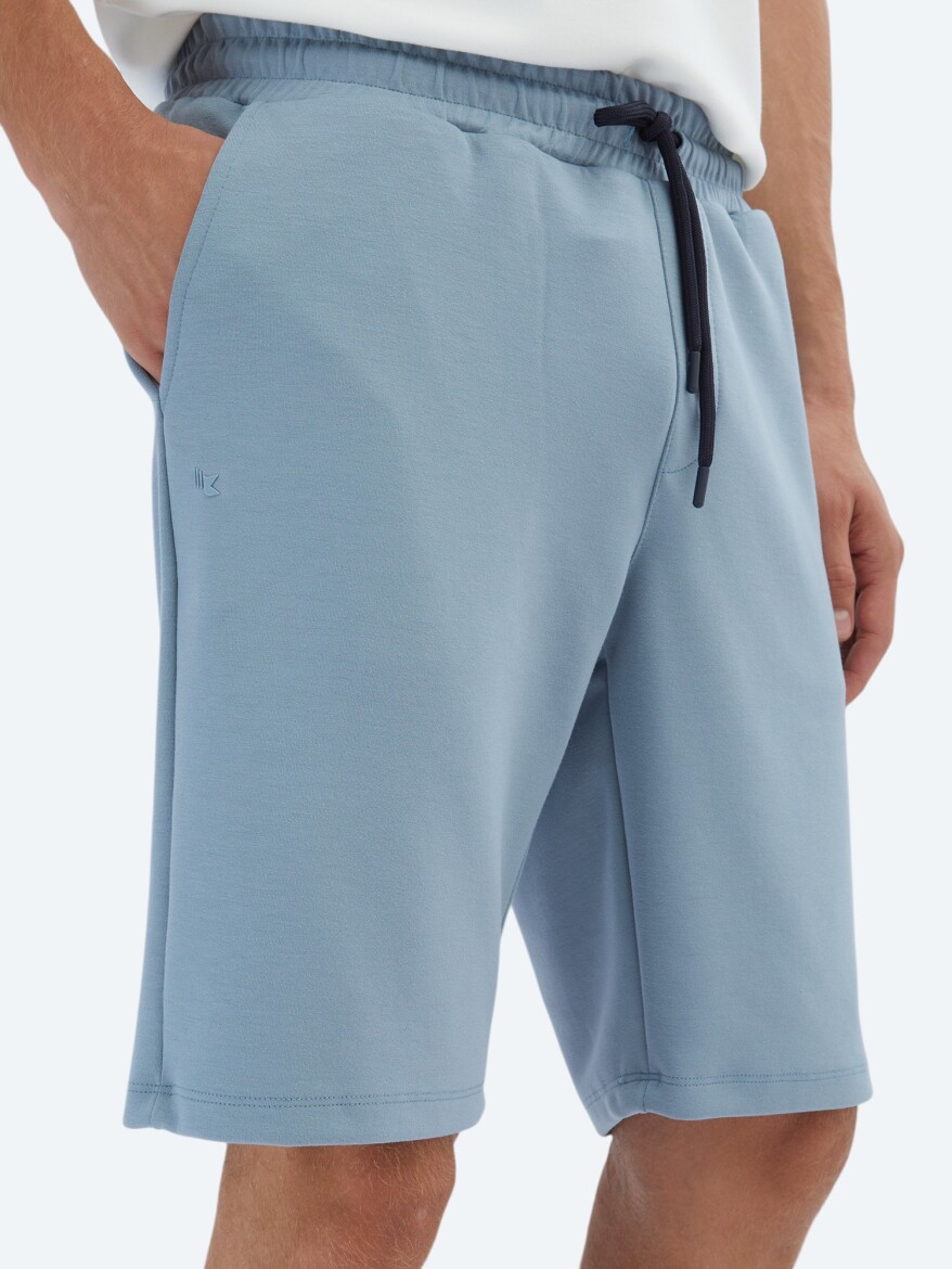 Mavi Düz Örme Jogging Fit Spor Bermuda - 4