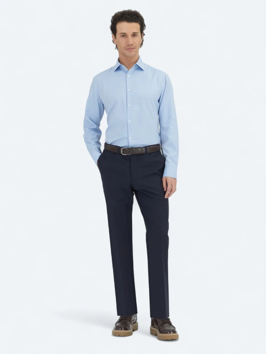 Mavi Düz Regular Fit Dokuma Klasik Pamuk Karışımlı Gömlek 