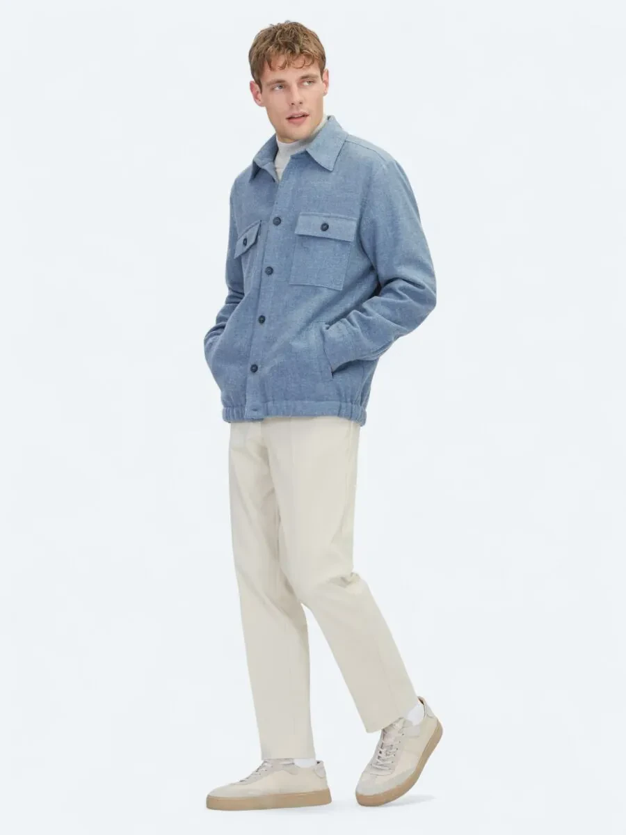 Mavi Düz Regular Fit Dokuma Yün Karışımlı Overshırt - 5