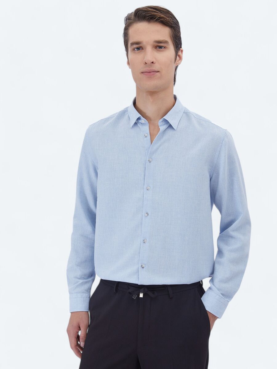 Mavi Düz Regular Fit Uzun Dokuma Casual Pamuk Karışımlı Gömlek - 1