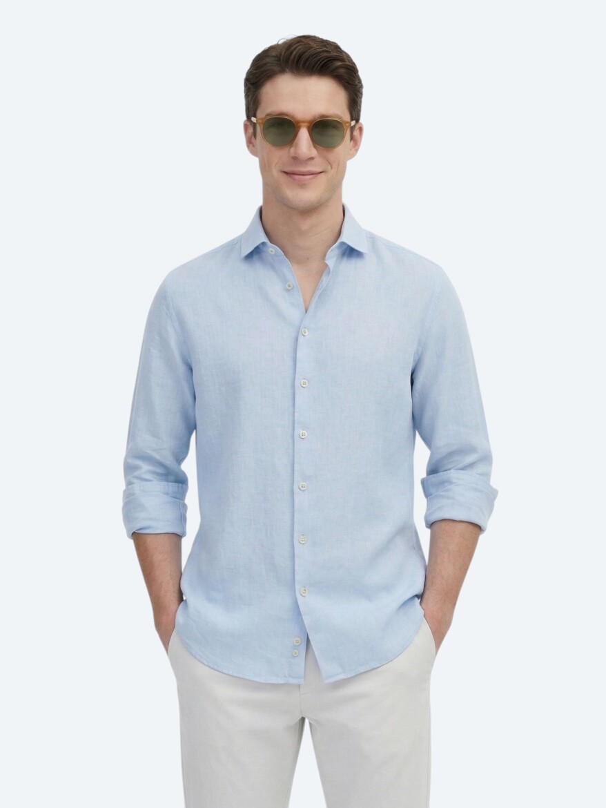 Mavi Düz Regular Fit Uzun Dokuma Casual Pamuk Karışımlı Gömlek 