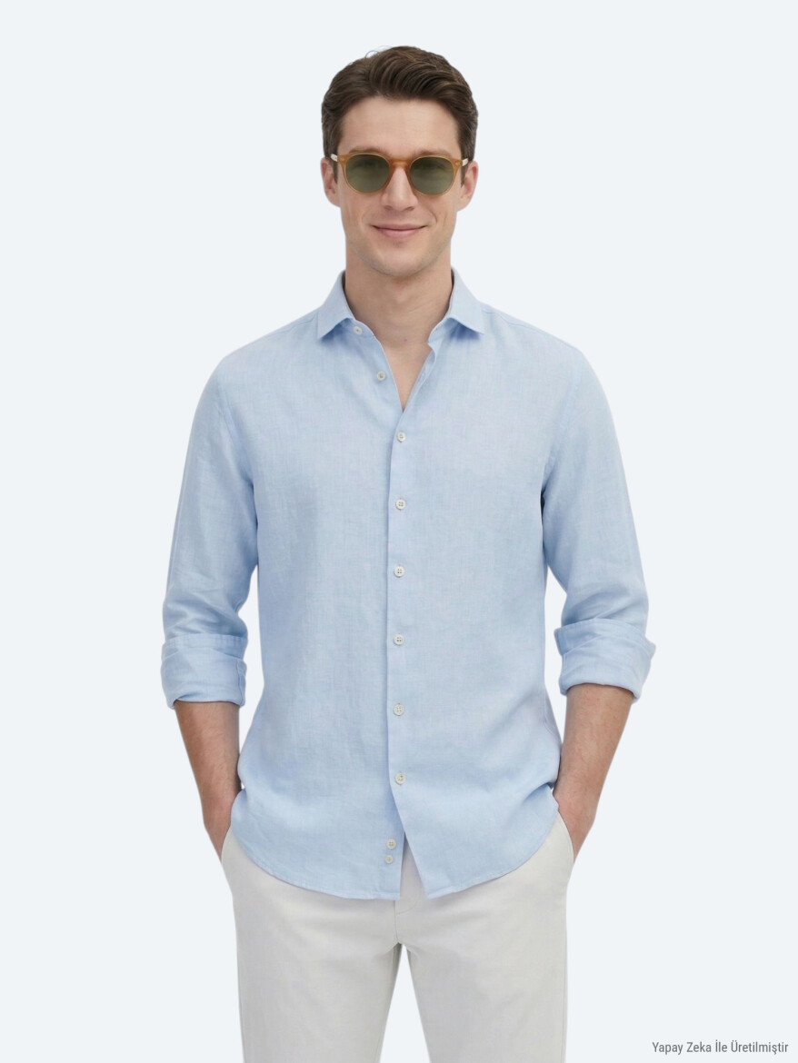 Mavi Düz Regular Fit Uzun Dokuma Casual Pamuk Karışımlı Gömlek 