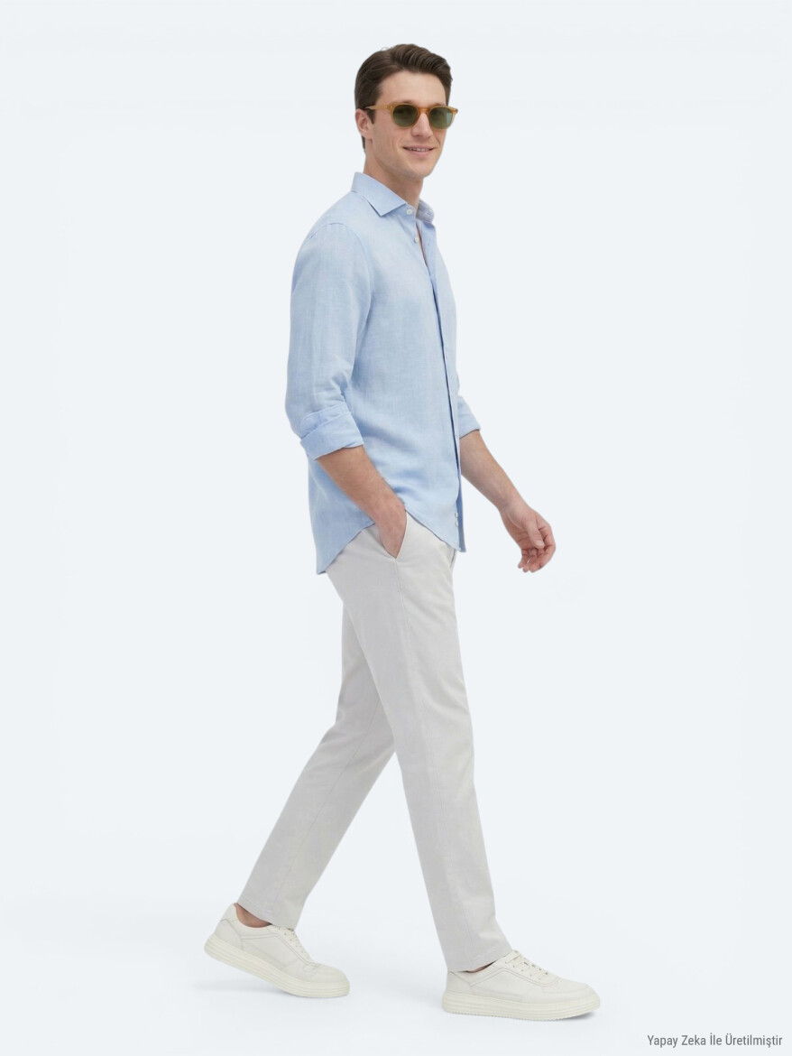 Mavi Düz Regular Fit Uzun Dokuma Casual Pamuk Karışımlı Gömlek - 3