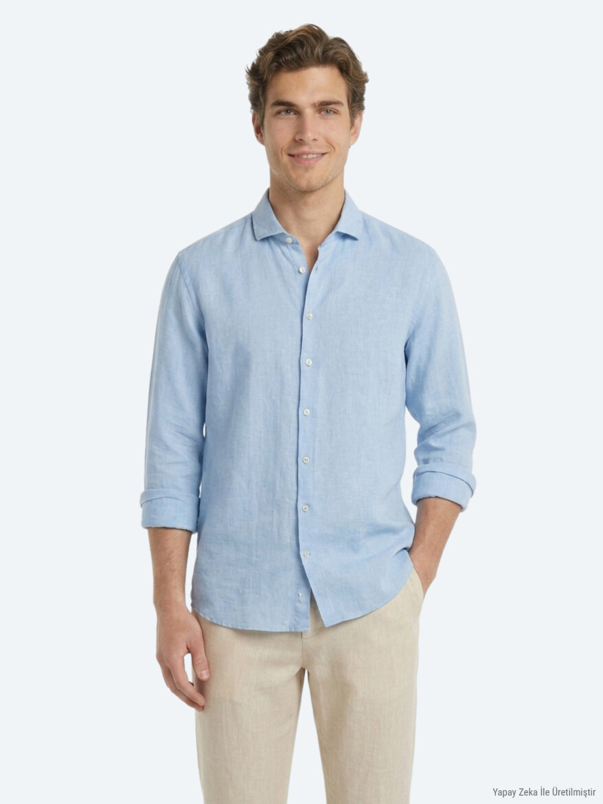 Mavi Düz Regular Fit Uzun Dokuma Casual Pamuk Karışımlı Gömlek - 3