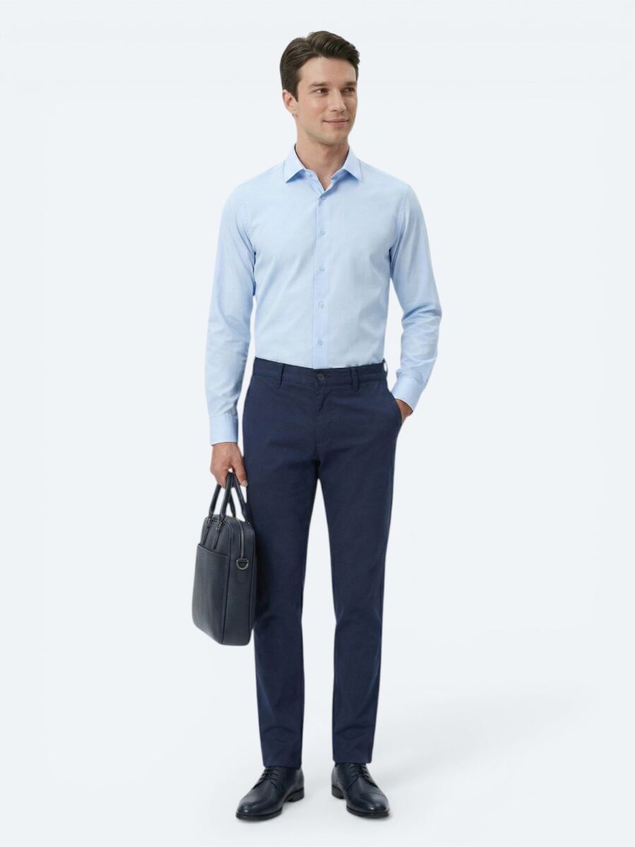 Mavi Düz Regular Fit Uzun Dokuma Klasik %100 Pamuk Gömlek - 2