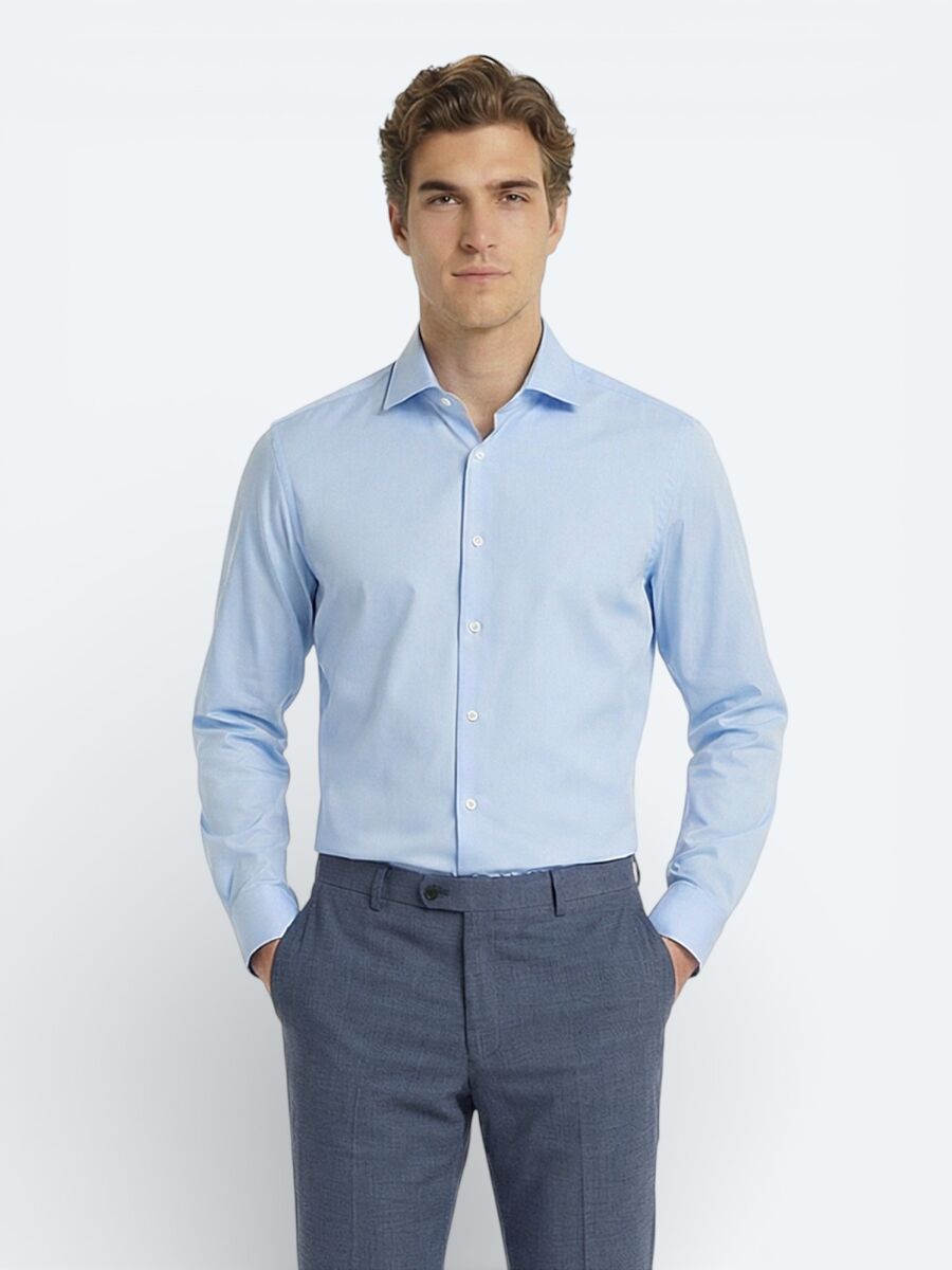 Mavi Düz Slim Fit Dokuma Klasik %100 Pamuk Gömlek - 1