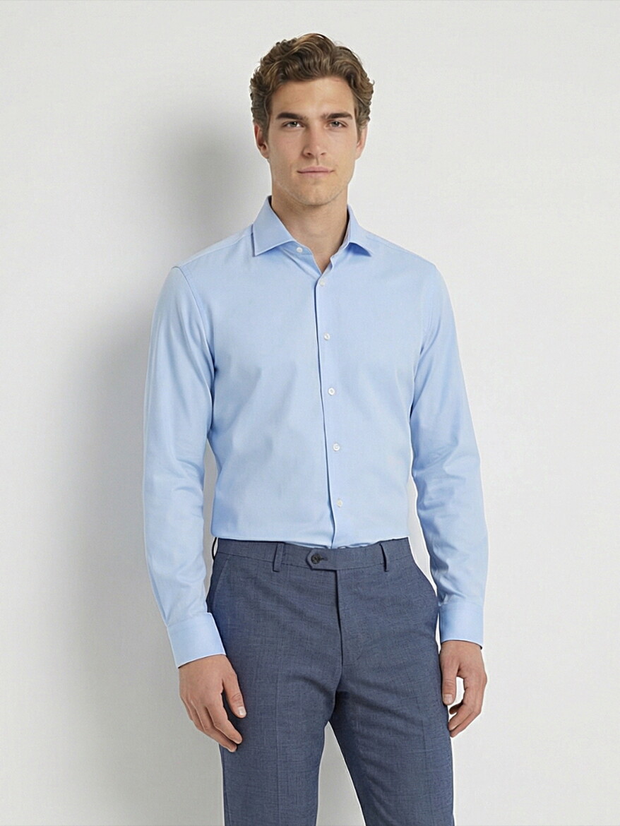 Mavi Düz Slim Fit Dokuma Klasik %100 Pamuk Gömlek 