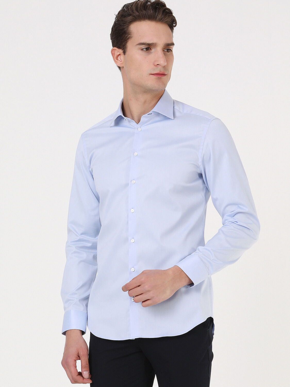 Mavi Düz Slim Fit Dokuma Klasik %100 Pamuk Gömlek - 4