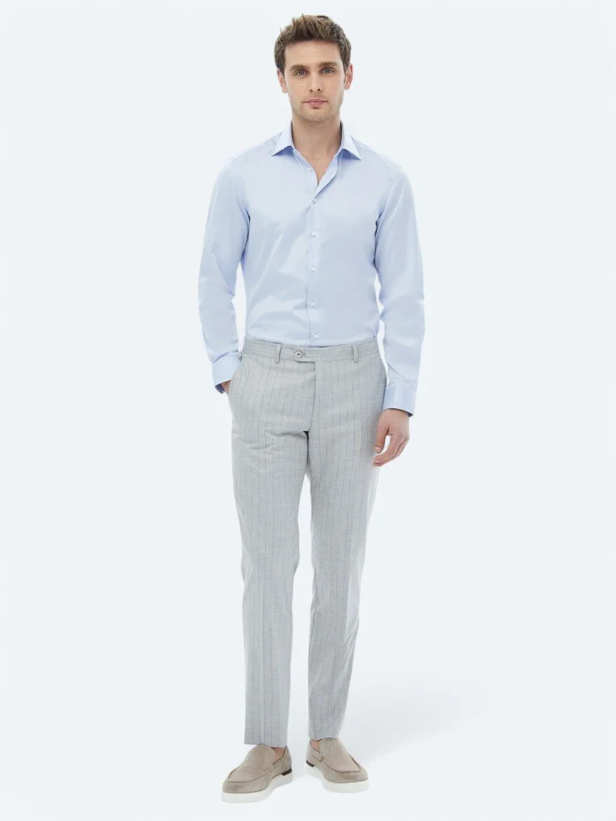 Mavi Düz Slim Fit Dokuma Klasik %100 Pamuk Gömlek - 2