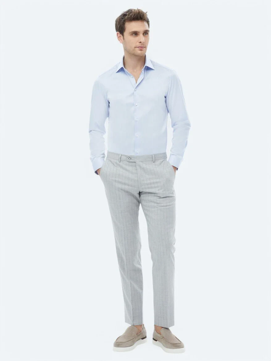 Mavi Düz Slim Fit Dokuma Klasik %100 Pamuk Gömlek - 6