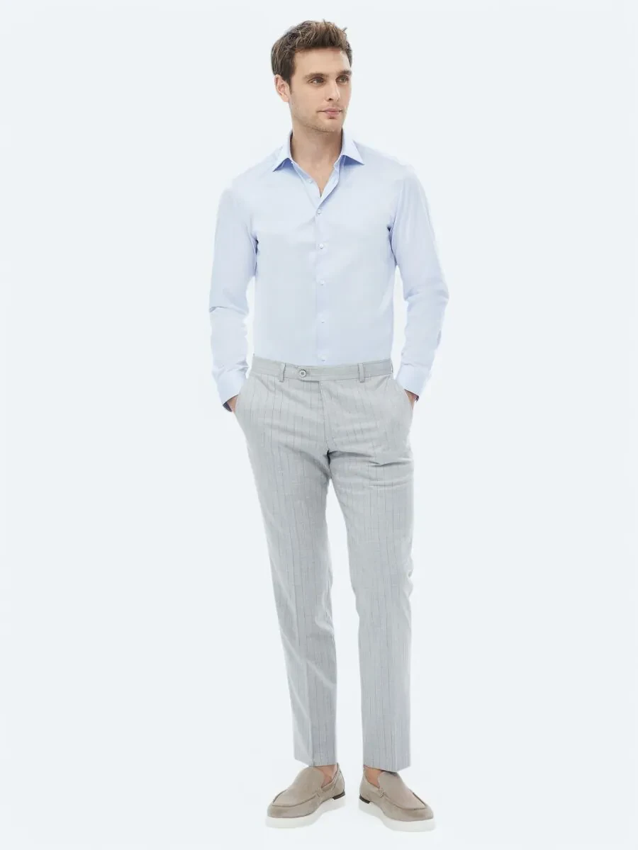 Mavi Düz Slim Fit Dokuma Klasik %100 Pamuk Gömlek - 6