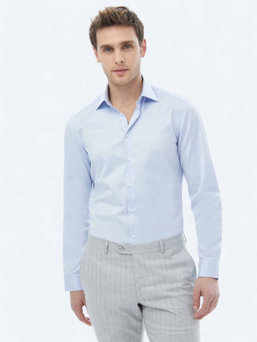 Mavi Düz Slim Fit Dokuma Klasik %100 Pamuk Gömlek - 1