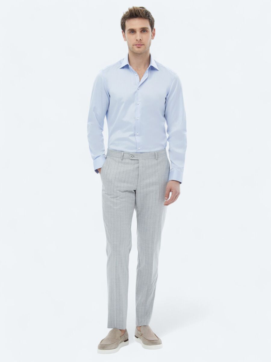 Mavi Düz Slim Fit Dokuma Klasik %100 Pamuk Gömlek - 4