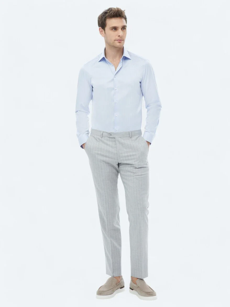 Mavi Düz Slim Fit Dokuma Klasik %100 Pamuk Gömlek - 5