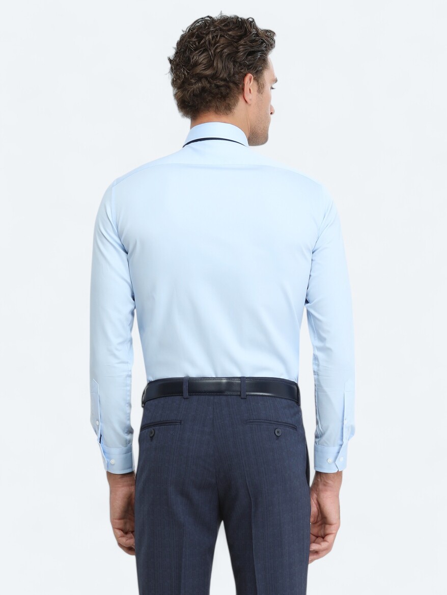 Mavi Düz Slim Fit Dokuma Klasik %100 Pamuk Gömlek - 4