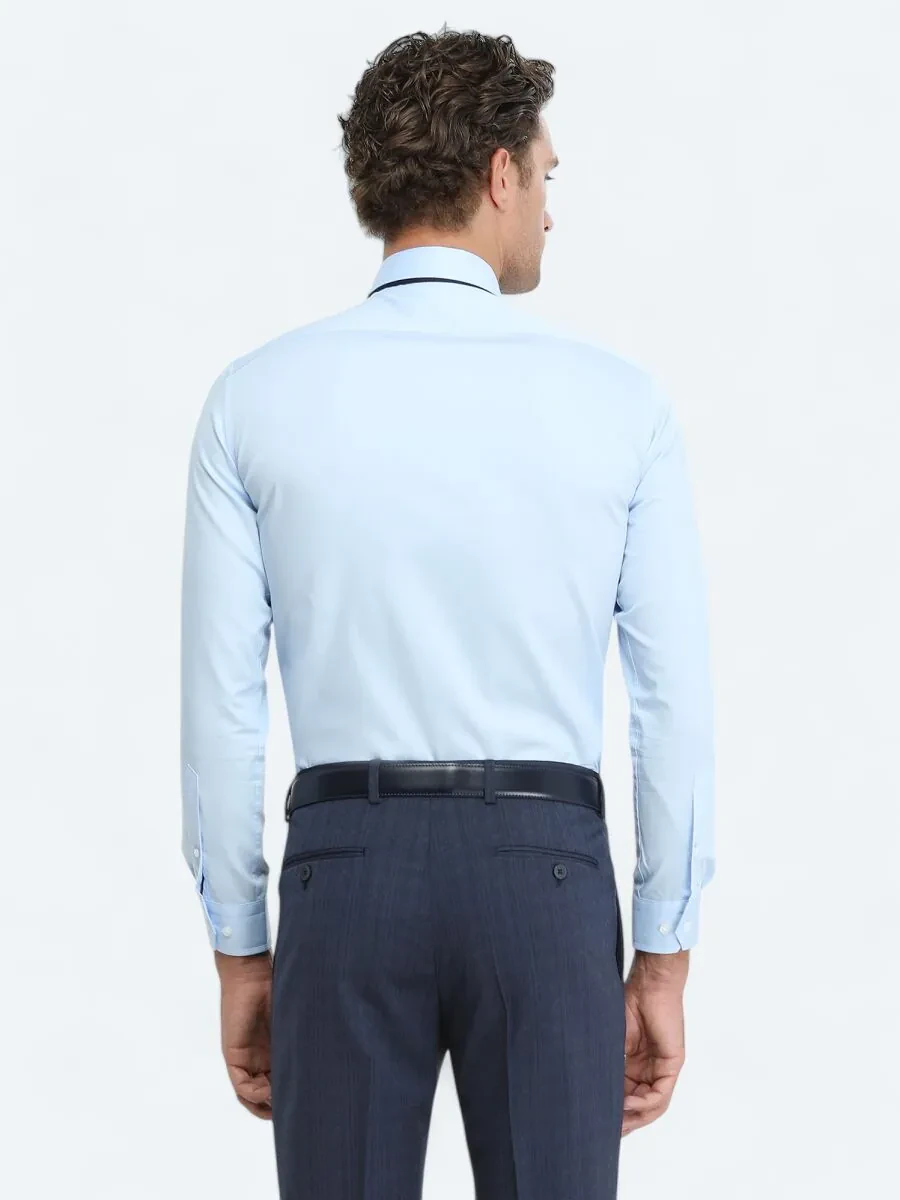 Mavi Düz Slim Fit Dokuma Klasik %100 Pamuk Gömlek - 4