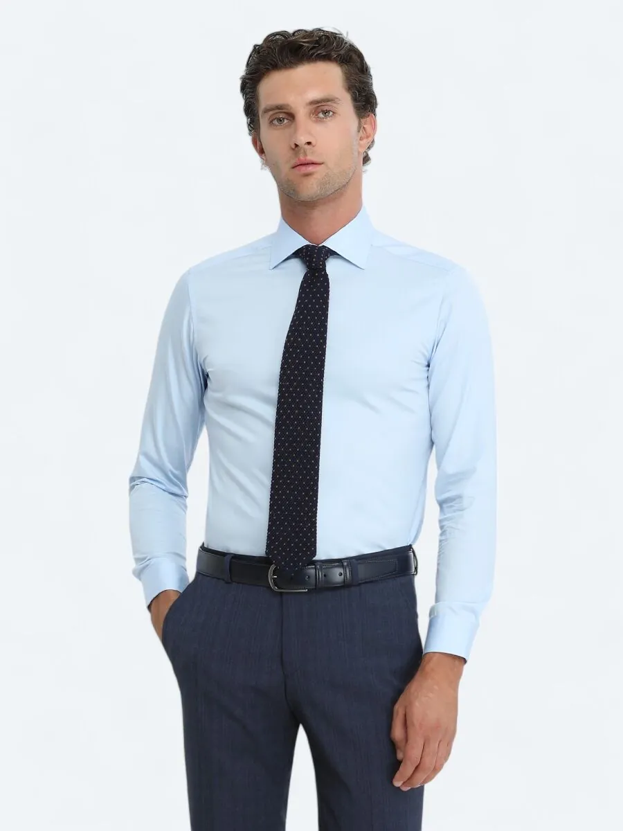 Mavi Düz Slim Fit Dokuma Klasik %100 Pamuk Gömlek - 1