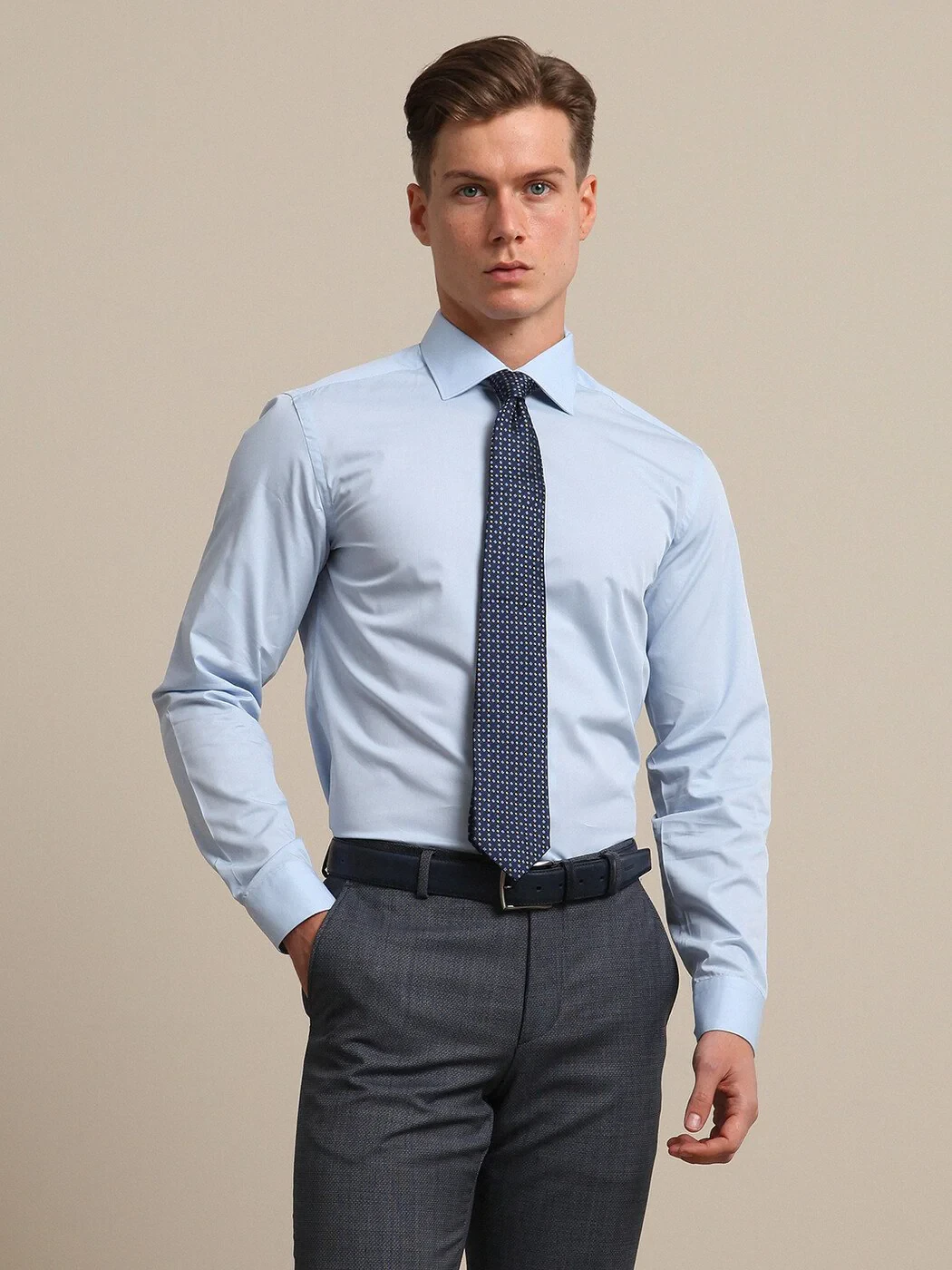Mavi Düz Slim Fit Dokuma Klasik Pamuk Karışımlı Gömlek - 3