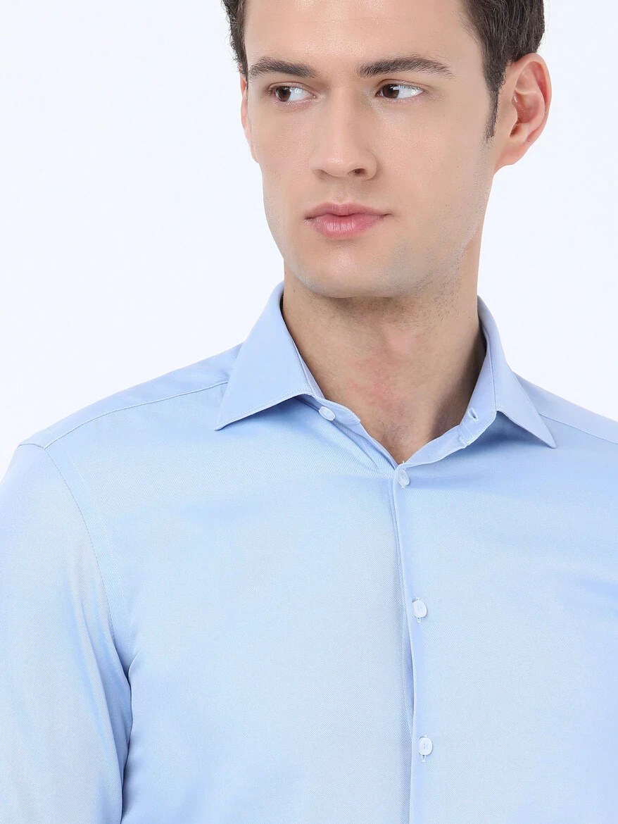 Mavi Düz Slim Fit Dokuma Klasik Pamuk Karışımlı Gömlek 