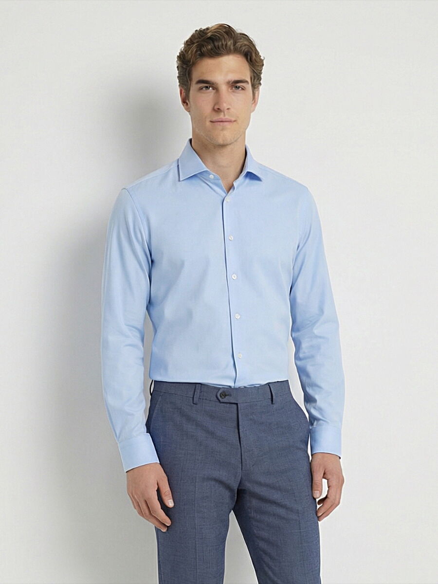 Mavi Düz Slim Fit Uzun Dokuma Klasik %100 Pamuk Gömlek - 2