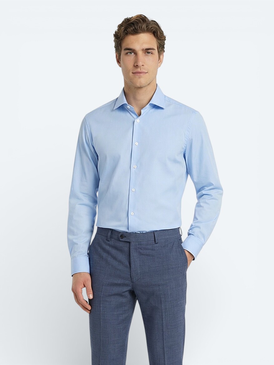 Mavi Düz Slim Fit Uzun Dokuma Klasik %100 Pamuk Gömlek - 3