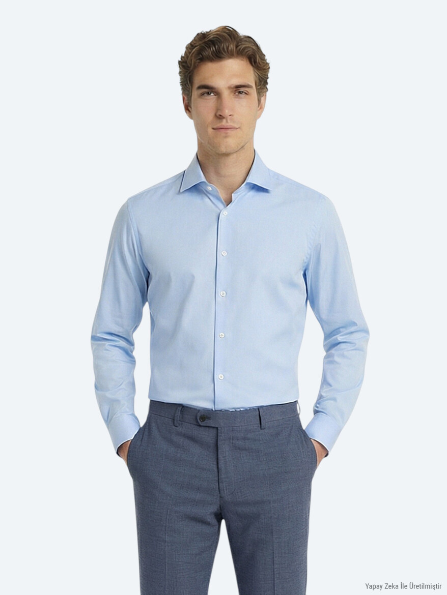 Mavi Düz Slim Fit Uzun Dokuma Klasik %100 Pamuk Gömlek - KİP