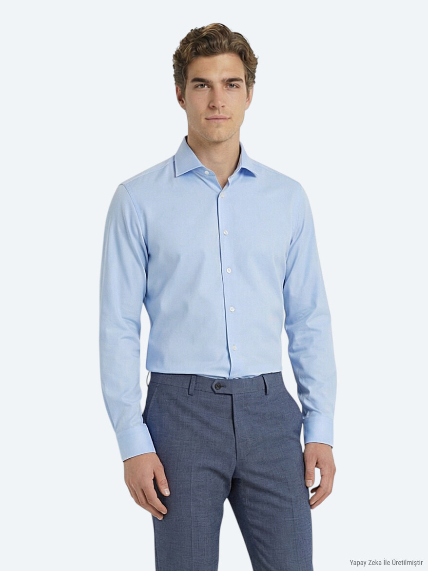 Mavi Düz Slim Fit Uzun Dokuma Klasik %100 Pamuk Gömlek - KİP