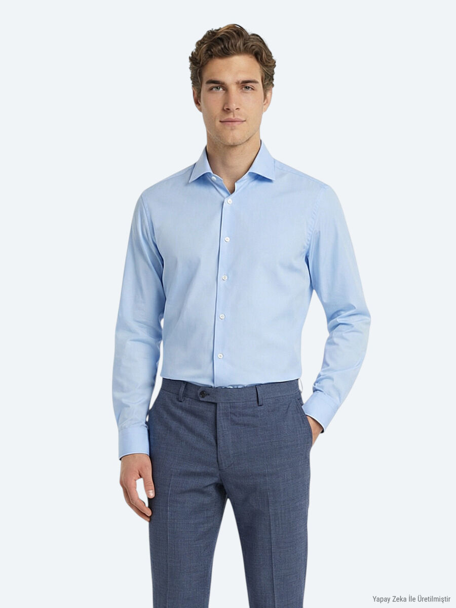 Mavi Düz Slim Fit Uzun Dokuma Klasik %100 Pamuk Gömlek - 3