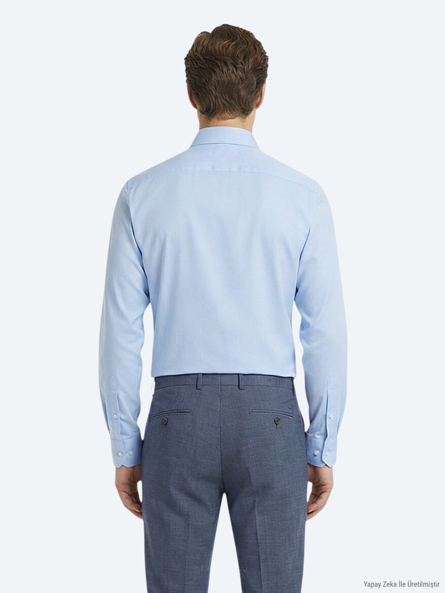 Mavi Düz Slim Fit Uzun Dokuma Klasik %100 Pamuk Gömlek - 4