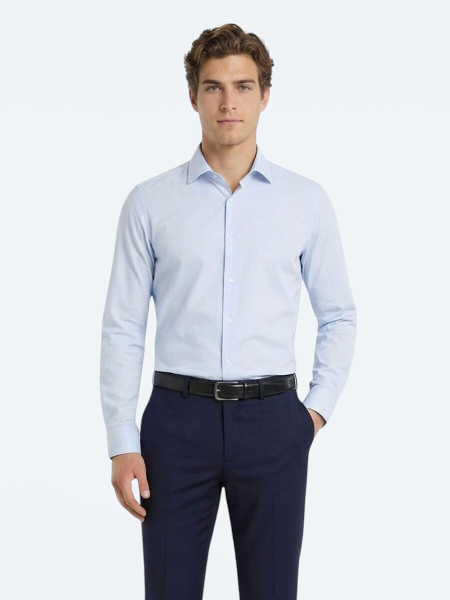 Mavi Düz Slim Fit Uzun Dokuma Klasik Pamuk Karışımlı Gömlek - 1