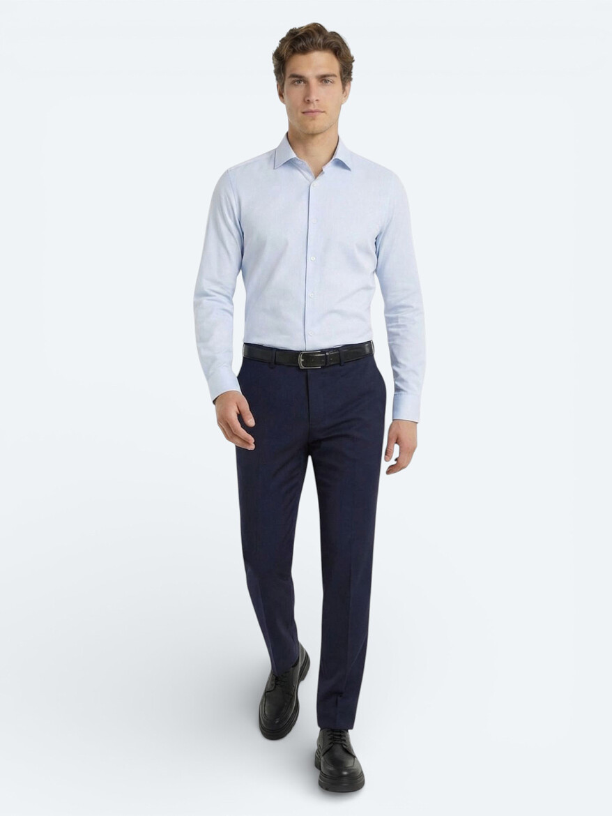 Mavi Düz Slim Fit Uzun Dokuma Klasik Pamuk Karışımlı Gömlek - 2
