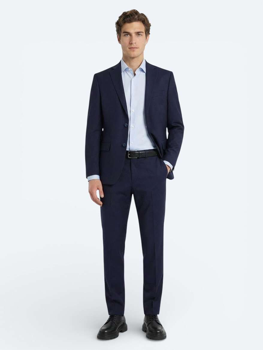 Mavi Düz Slim Fit Uzun Dokuma Klasik Pamuk Karışımlı Gömlek - 3