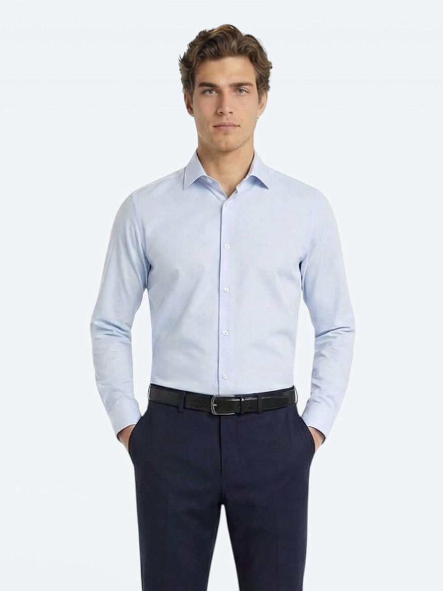 Mavi Düz Slim Fit Uzun Dokuma Klasik Pamuk Karışımlı Gömlek - 4