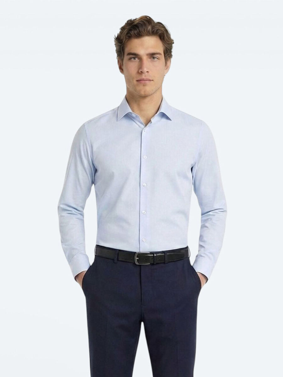 Mavi Düz Slim Fit Uzun Dokuma Klasik Pamuk Karışımlı Gömlek - 4