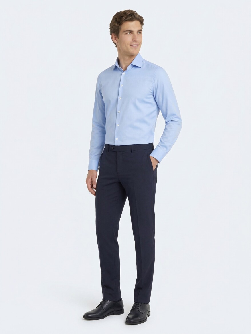 Mavi Düz Slim Fit Uzun Dokuma Klasik Pamuk Karışımlı Gömlek - 2