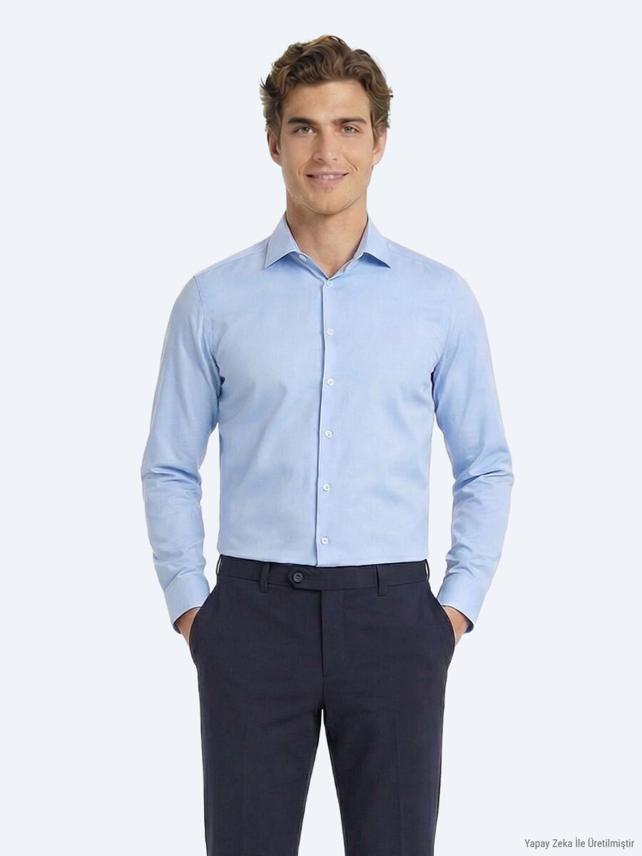 Mavi Düz Slim Fit Uzun Dokuma Klasik Pamuk Karışımlı Gömlek - 1