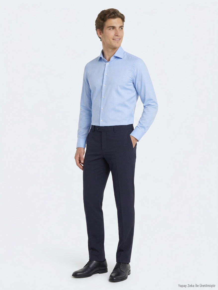 Mavi Düz Slim Fit Uzun Dokuma Klasik Pamuk Karışımlı Gömlek - 2