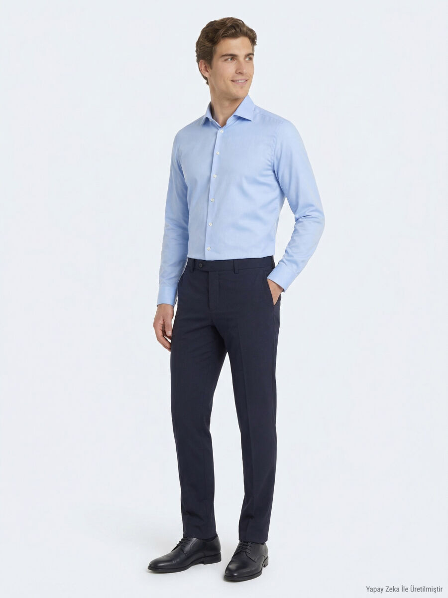 Mavi Düz Slim Fit Uzun Dokuma Klasik Pamuk Karışımlı Gömlek - 2