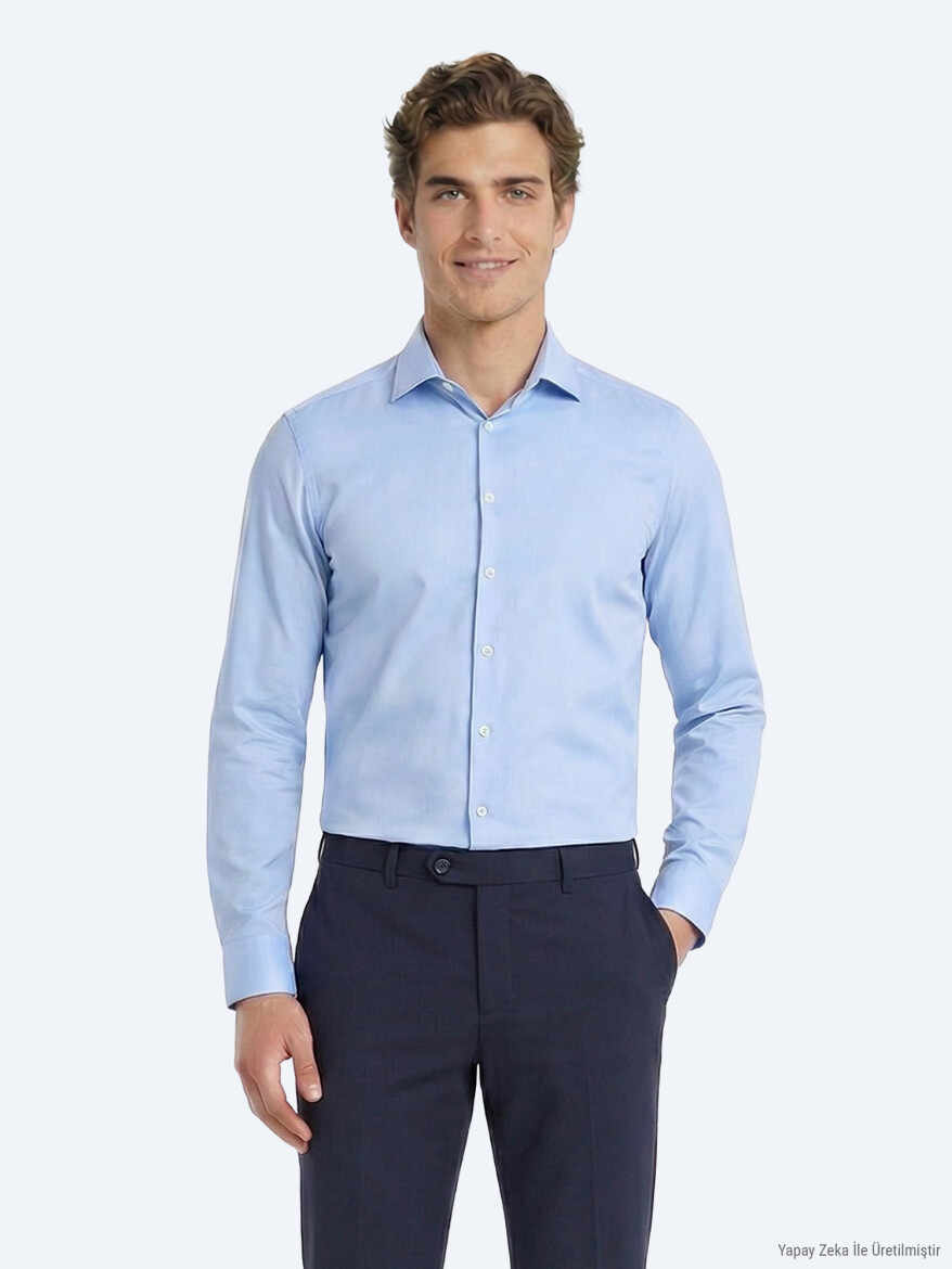 Mavi Düz Slim Fit Uzun Dokuma Klasik Pamuk Karışımlı Gömlek - 3