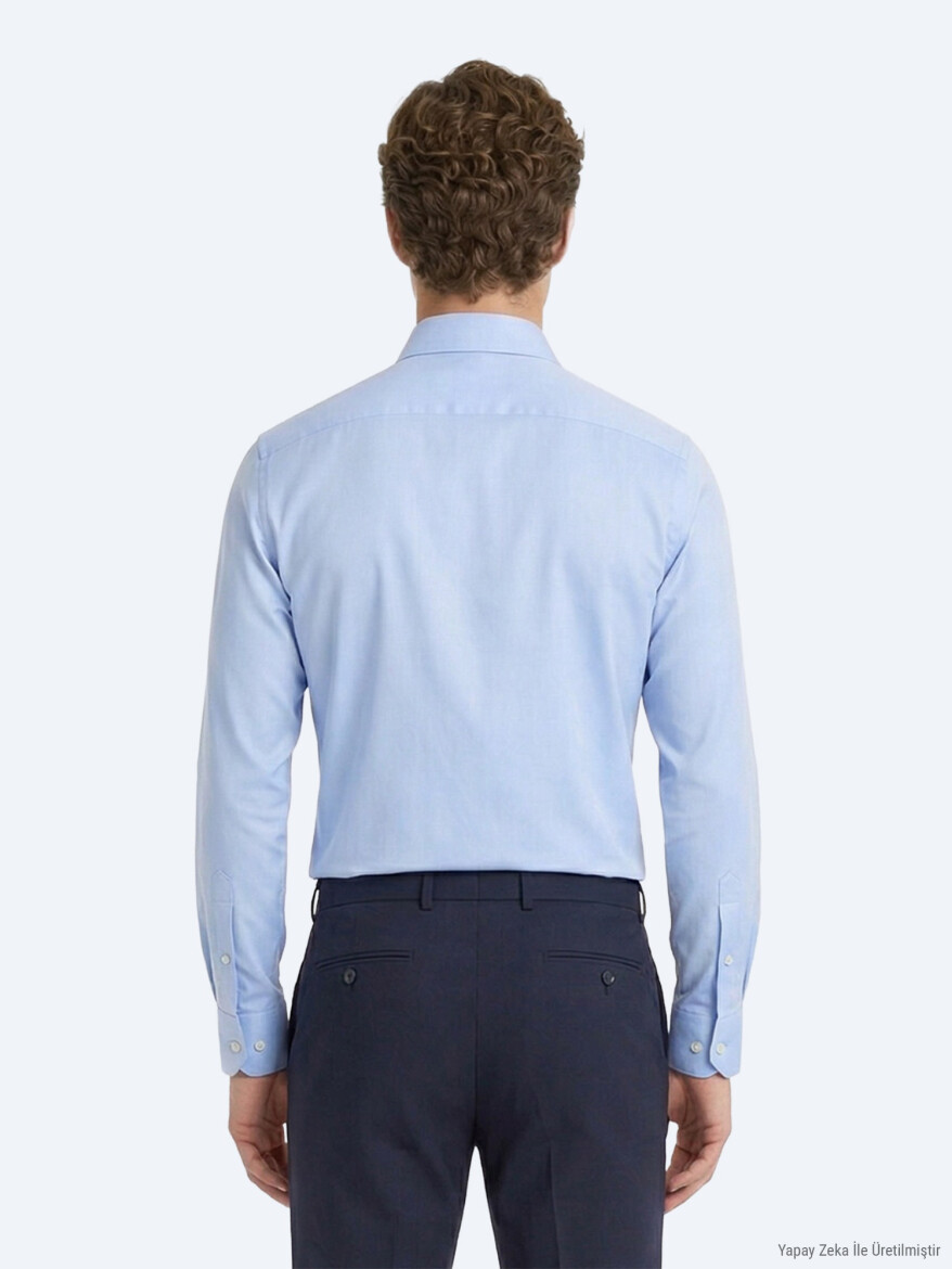 Mavi Düz Slim Fit Uzun Dokuma Klasik Pamuk Karışımlı Gömlek - 4