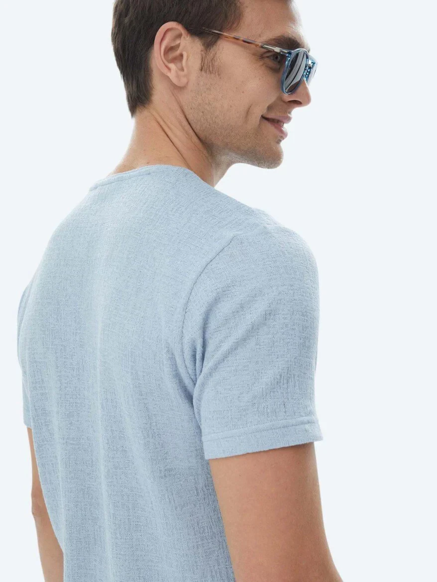 Mavi Jakarlı Bisiklet Yaka Pamuk Karışımlı T-Shirt - 9
