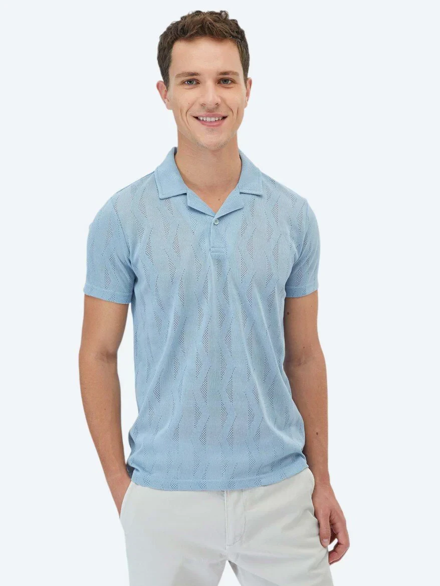 Mavi Jakarlı Küba Yaka T-Shirt - 1