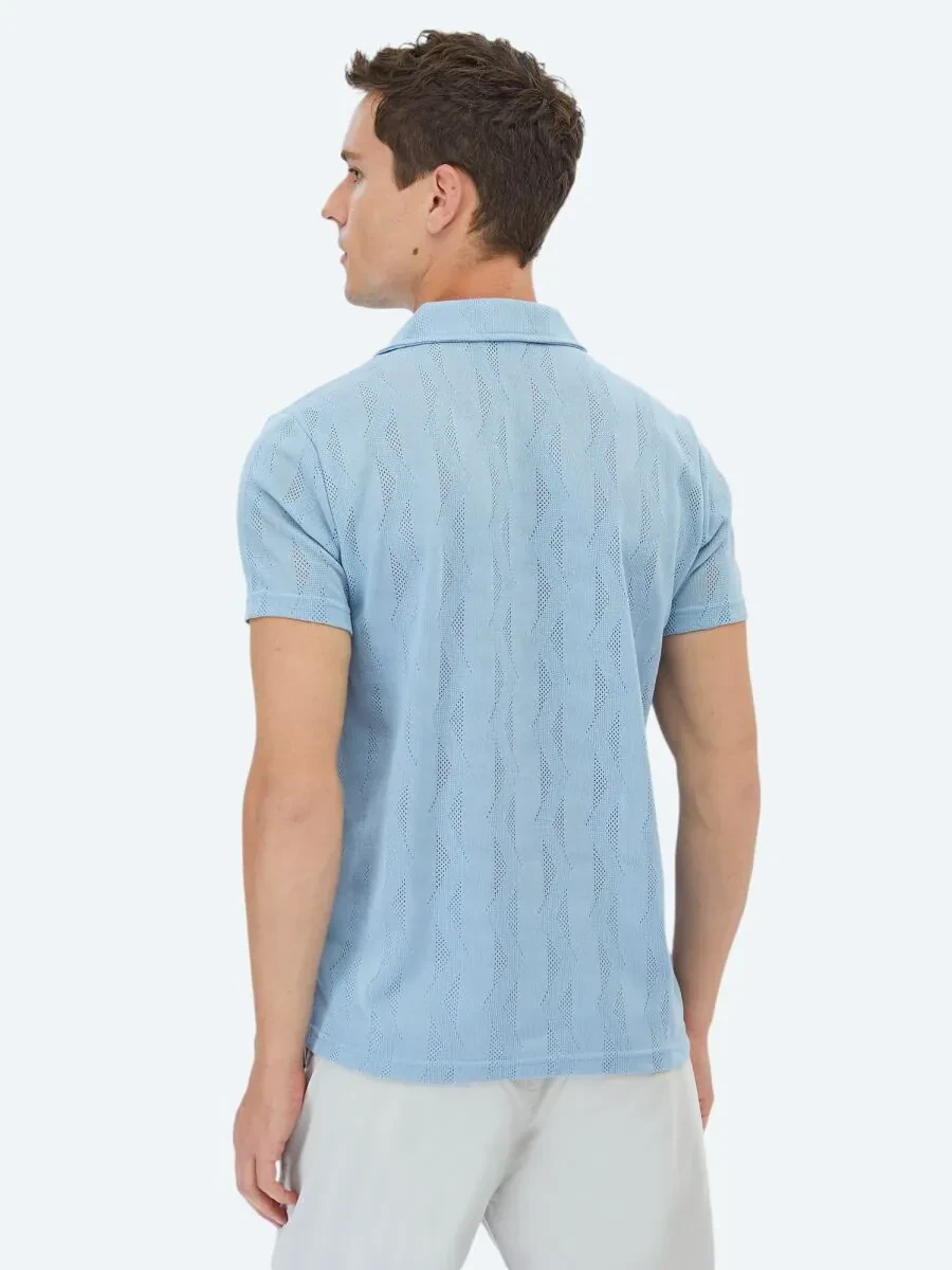Mavi Jakarlı Küba Yaka T-Shirt - 6