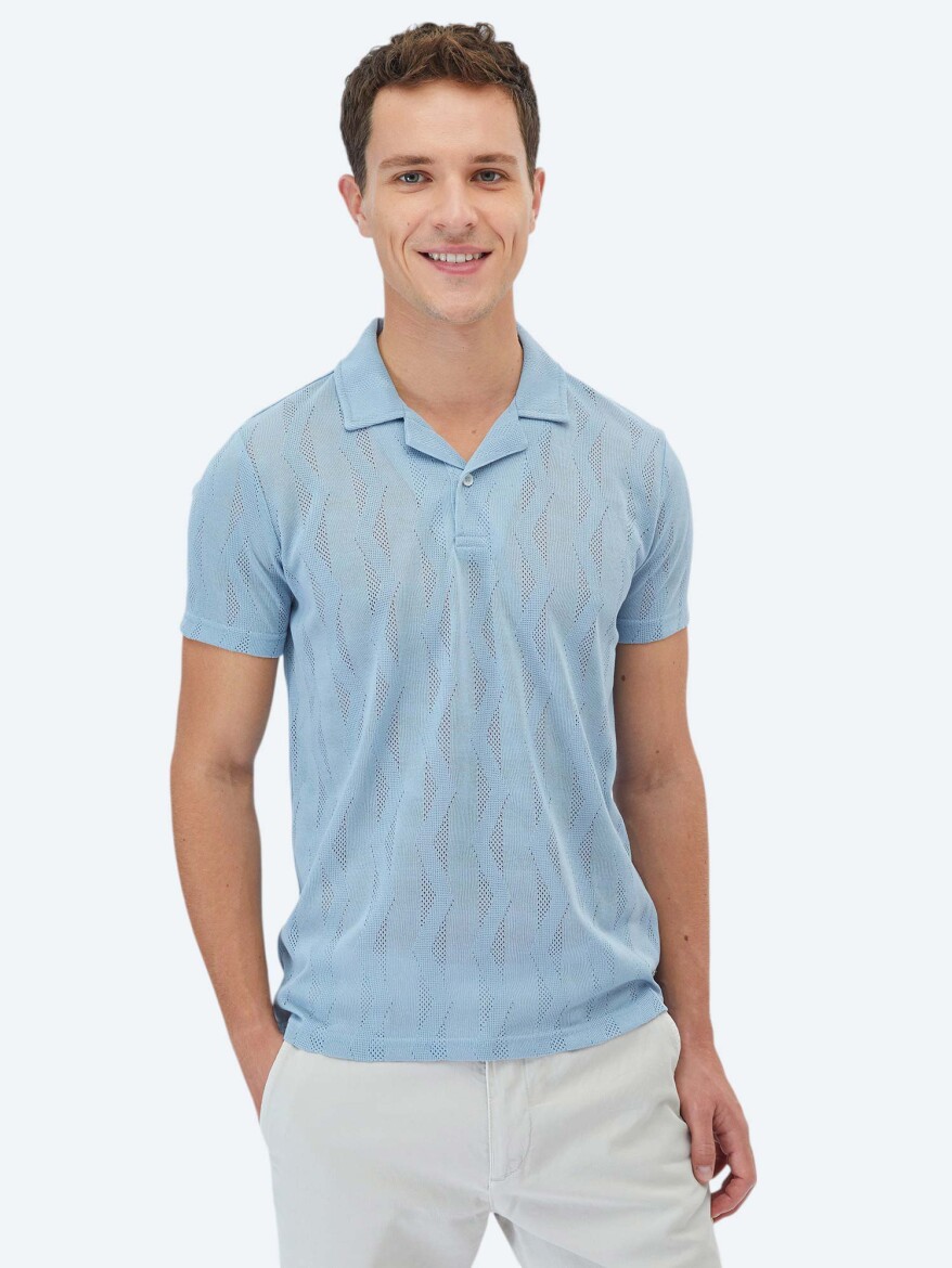 Mavi Jakarlı Küba Yaka T-Shirt 